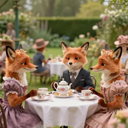 film still from the movie chappie outdoor park plants garden scene bokeh depth of field several figures sitting down at a table having a delicious grand victorian tea party crumpets furry anthro anthropomorphic stylized fox foxes wearing suits and dresses