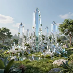 Aesthetic!!!!! Future city made of Crystal structures in nature, buildings surrounded by nature by Jordan Grimmer. Geoffroy Thoorens.