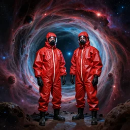 two scientists wearing red rick owens hazmat suits in a highly saturated nebula wormhole by frank frazetta