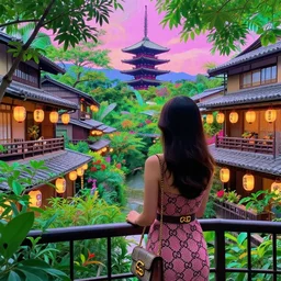 a vibrant dream of nostalgic psychedelic hallucination of a girl from behind on a balcony looking over a jiufen and kyoto japan, lush plants and lanterns, a beautiful woman wearing a gucci dress, high fashion, by moebius, edward hopper and james gilleard, zdzislaw beksinski, james jean, steven outram hd, 8 k, artstation