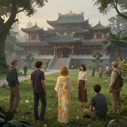 a park with kek lok si temple in the background, misty evening, fantasy art, highly detailed matte painting, low angle view, telephoto lens 2 0 0 mm, by stanley artgerm lau, greg rutkowski, thomas kinkade, alphonse mucha, loish, norman rockwell, artstation