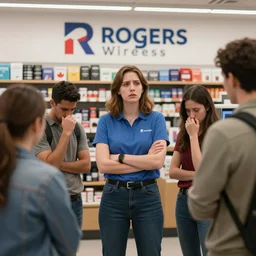 rogers wireless canada representative disappoints people once again, small group of disappointed people, inside a store, matte painting, highly detailed photorealistic digital art