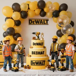 a dewalt themed birthday party with everyone dressed as construction workers, 4k, realism, photorealistic, detailed, dewalt, power drills