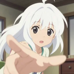 anime film visual of a young girl with white hair in her room interior, cute face by ilya kuvshinov, makoto shinkai, kyoto animation, dynamic perspective and pose, detailed facial features detailed eyes, crisp and sharp cel shade