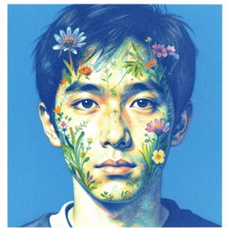 risograph grainy drawing protagonist face, iridescent colors, face covered with plants and flowers, by moebius and satisho kon, close - up portrait, perfect blue, paprika