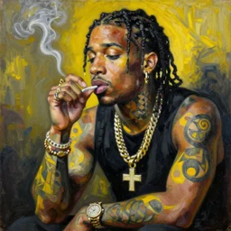painting of wiz khalifa! smoking, black and yellow, an ultrafine detailed painting by natalia goncharova, pixiv, naive art, detailed painting, whimsical, cubism - 4