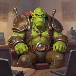 greg manchess digital painting of a ruggedly handsome old dieselpunk orc general with olive green skin sitting in his office, overwatch character, organic painting, matte painting, bold shapes, hard edges, street art, trending on artstation, by huang guangjian and gil elvgren and sachin teng