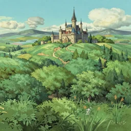 Lush landscape, fantasy castles in distance by studio ghibli