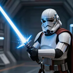 an action photography, close - up, sigma 8 5 mm f / 1. 4, of a jedi knight deflecting blaster bolts with the lightsaber and the force, in the corridors of the death star, from the empire strikes back, award - winning art, digital art, trending on artstation, pictorialist, realistic, 4 k photoshopped image, detailed picture, high - quality, in the style of robert capa