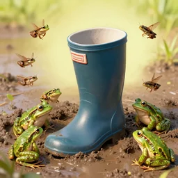 a rain boot buried in the mud with frogs and crickets jumping around it, concept art, highly detailed, high quality, bright colors,