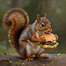 A painting of a squirrel eating a cheeseburger