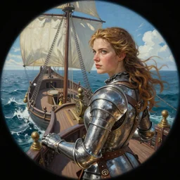 An epic fantastic realism comic book style painting of a medieval woman ship pilot over the shoulder, wearing shiny breastplate, ship at sea, fisheye, unreal 5, hyperrealistic, dynamic lighting