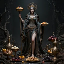 beautiful goddess of feast and famine, full body, ominous, dark background, cinematic shot, realistic, intricate detail, finely detailed, small details, extra detail, photorealistic, epic, high definition, octane render, 8 k, artstation, midjourney