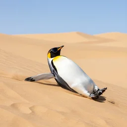 penguins sunglasses sliding in sand dunes, photography