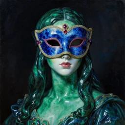 a portrait of a liquid porcelain malachite sapphire ruby model with a venetian mask. night time. deep reflective green blue tones. renaissance masterpiece. highly detailed sci - fi fantasy painting by norman rockwell, frank frazetta, johfra bosschart, and syd mead. rich colors, high contrast, dark background. artstation
