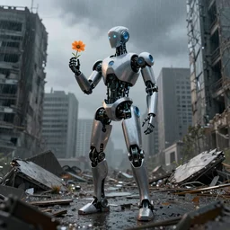 a futuristic humanoid robot standing in the middle of a destroyed abandoned city in the rain with a flower in his right hand