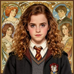 Emma Watson as Hermione Granger, medium shot close up, details, sharp focus, illustration, by Jordan Grimmer and Alphonse Mucha and greg rutkowski and PiNe(パイネ) and 薯子Imoko and 香川悠作 and maya takamura, intricate, beautiful, Trending artstation, pixiv, digital Art