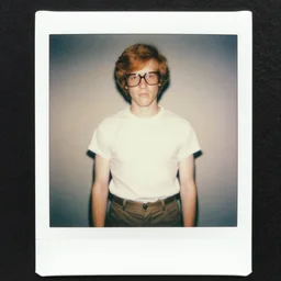 photo from the 7 0 s of a medium haired redhead awkward guy with a t - shirt and high pants, large glasses, polaroid