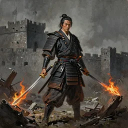 a stunning painting of and old samurai warrior holding flaming swords standing on a destroyed fort by Aaron Miller, soft focus, muted colors, dark