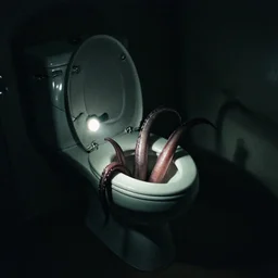 grainy film photo of tentacles coming out of a toilet, lit by a flashlight, very dark, creepy, scary