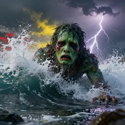 the pain is splattered on the sad monster's green face while huge waves crash against him, water sprays into the air, moody sky, lightning, hints of red and yellow, fantasy, unreal engine