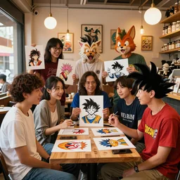 photorealistic anime italian cafe full of talking godlike artists showing off their art, different ethnicities, dragon ball animal people wearing 🌶 on their shirts, rim lighting