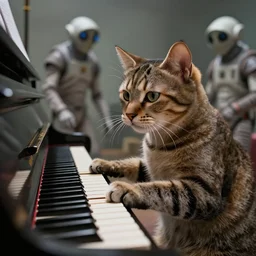 an ultra realistic cat playing the piano for a martian civilization, award winning photography, 8 k