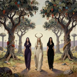 bene gesserit witches, walking between strange alien fruit trees, art by ed emschwiller