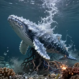 complex whale creature scales gills and fins, semi-translucent armor mask, plastic sea wrapped implosion, marine, fishlike creature tree roots strangled, water splash, flowing, coral, glass debris pieces, dust particles, dramatic lighting, electronic wires, fire sparks, high resolution photo,