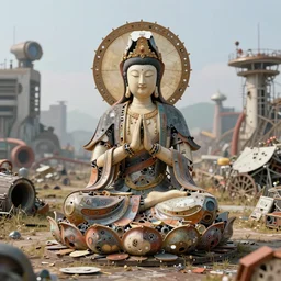 a 1 0 0 0 armed quan yin robot sitting in prayer in the lotus garden made from scrap parts from a futuristic junkyard, digital art h 9 6 0