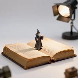 photo still of miniature wizard on large spell book, 8 k, studio lighting bright ambient lighting key light, 8 5 mm f 1. 8