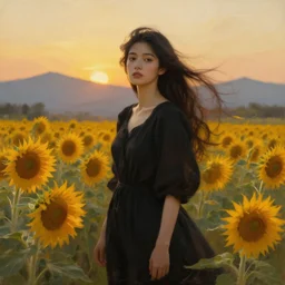 oil painting portrait of a young woman with long dark flowing hair in a black dress, standing in a windy field of sunflowers at sunset with mountains in the background, hazy, digital art, chiaroscuro, artstation, cinematic, golden hour, digital art painting by greg rutkowski, bouguereau, 7 0 s japanese book art, hazy atmosphere, flowers, cinematic lighting