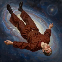 alan watts in monk uniform falling across in the universe realism expressionism style digital painting highly detailed photorealistic, featured on artstation