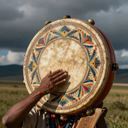 an indigenous shaman playing a beautiful decorated shamanic drum, beautiful colors, fantastic, matte painting, by christophe vacher