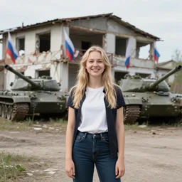 slavic happy blond girl standing in front of remains of house and tanks with russian flags