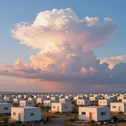 scifi concept art of a futuristic suburb close - up, by greg rutkowski, modular minimalistic houses, cumulonimbus clouds, sunset, nostalgic, very very very beautiful art, cinematic lighting, bright pastel color, blue sky
