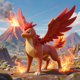 a beautiful earth and fire type pokemon, brown dog with red feathers, full body shot, highly detailed digital art, 3 d perspective, award - winning illustration, aesthetic, epic, smooth, pokemon style, made by greg rutkowski, with bursting volcano mountains landscape in the background