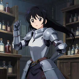 anime visual, portrait of a young female knight in a alchemist's shop interior buying potions, cute face by yoh yoshinari, katsura masakazu, cinematic luts, cold studio lighting, dynamic pose, dynamic perspective, strong silhouette, anime cels, ilya kuvshinov, cel shaded, crisp and sharp, rounded eyes