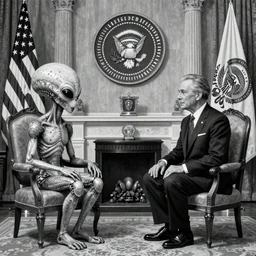 an alien meeting the president, highly detailed, highly intricate, black and white
