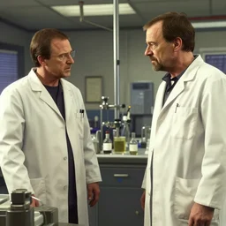 a gta V cutscene of Walter White arguing with Trevor Philips, laboratory, meth