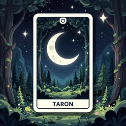 moon tarot card, enchanted cosmic forest, stars in the sky, psychedelic, wide angle shot, vector art, optical illusion, heavenly, 4 k, fantasy poster by helen huang and frank frazetta and salvador dali