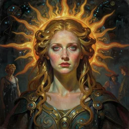stunning, breathtaking, awe-inspiring award-winning epic concept art nouveau painting of attractive Tilda Swinton as the goddess of the sun, with anxious, piercing eyes, by Alphonse Mucha, Michael Whelan, William Adolphe Bouguereau, John Williams Waterhouse, and Donato Giancola, cyberpunk, extremely moody lighting, glowing light and shadow, atmospheric, cinematic, 8K