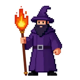 pixel art sprite sheet of a fire wielding wizard with a staff, bearded, pointy hat, purple robes, dark