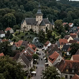 hunted medieval town on the edge of dark forest, werewolf attack on villagers, hd, street view