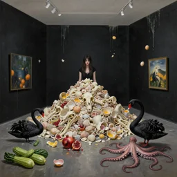 painting of a flooded art gallery room at an art gallery, black walls, a tall emo woman guarding a massive pile of shells and bones, black swans, pomegranates, courgettes, raw eggs dripping down walls, broken egg shells, sensual, octopus tentacles coming from puddles, zen, surrealist, by magritte and monet