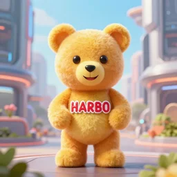 portrait of haribo bear in future city, color and shape focus, cnetral composition, natural light, bloom, puff, by