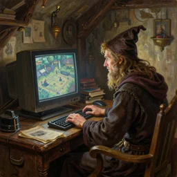 fantasy oil painting, wizard sitting at a gaming pc, as a dnd character, typing on a keyboard, big monitor, 9 0 s crt, inside a cluttered bedroom, cottagecore, extremely detailed, bookcover illustration, concept art, readability, smooth, sharp focus, art by brothers hildebrandt, art by alex grey