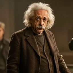 albert einstein as raiden in metal gear rising, movie still, epic