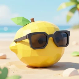 a low poly 3 d render of a lemon with sunglasses in the beach, low poly, 3 d render, octane render, unreal engine 5, cute, natural lighting, path traced, high coherence, high quality, high definition, concept art, blender