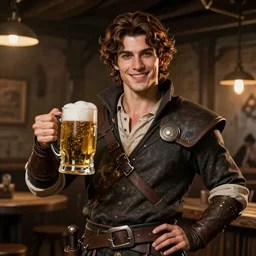 An epic fantasy comic book style portrait painting of a handsome young man with brown wavey hair, wearing thief clothing in a tavern and smiling with a flagon of ale in hand, unreal 5, DAZ, hyperrealistic, octane render, cosplay, RPG portrait, dynamic lighting